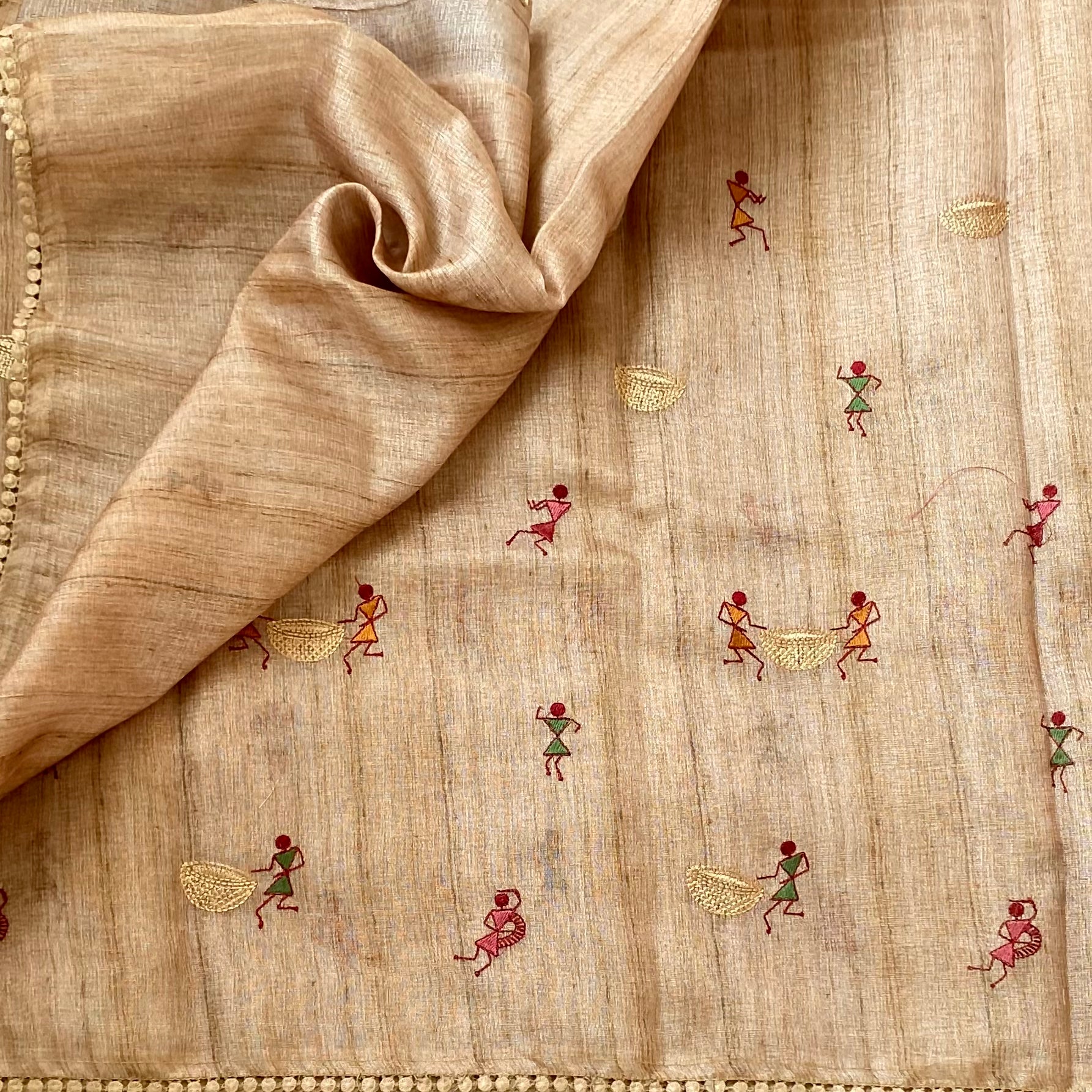 Warm Beige Embroidered Folk Motif Handloom Saree with Tassels