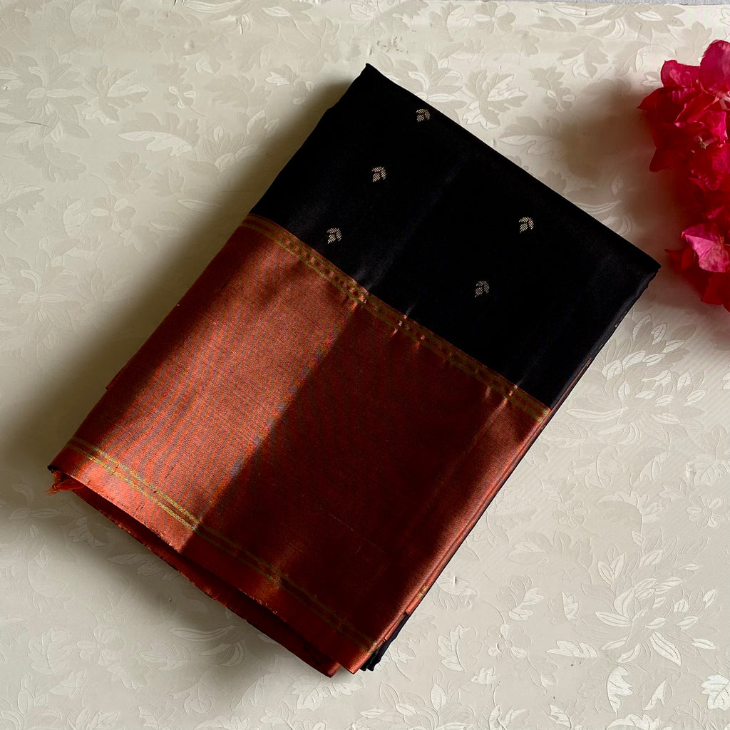 Burnt Orange Designer Pure Silk Saree With Black Pallu