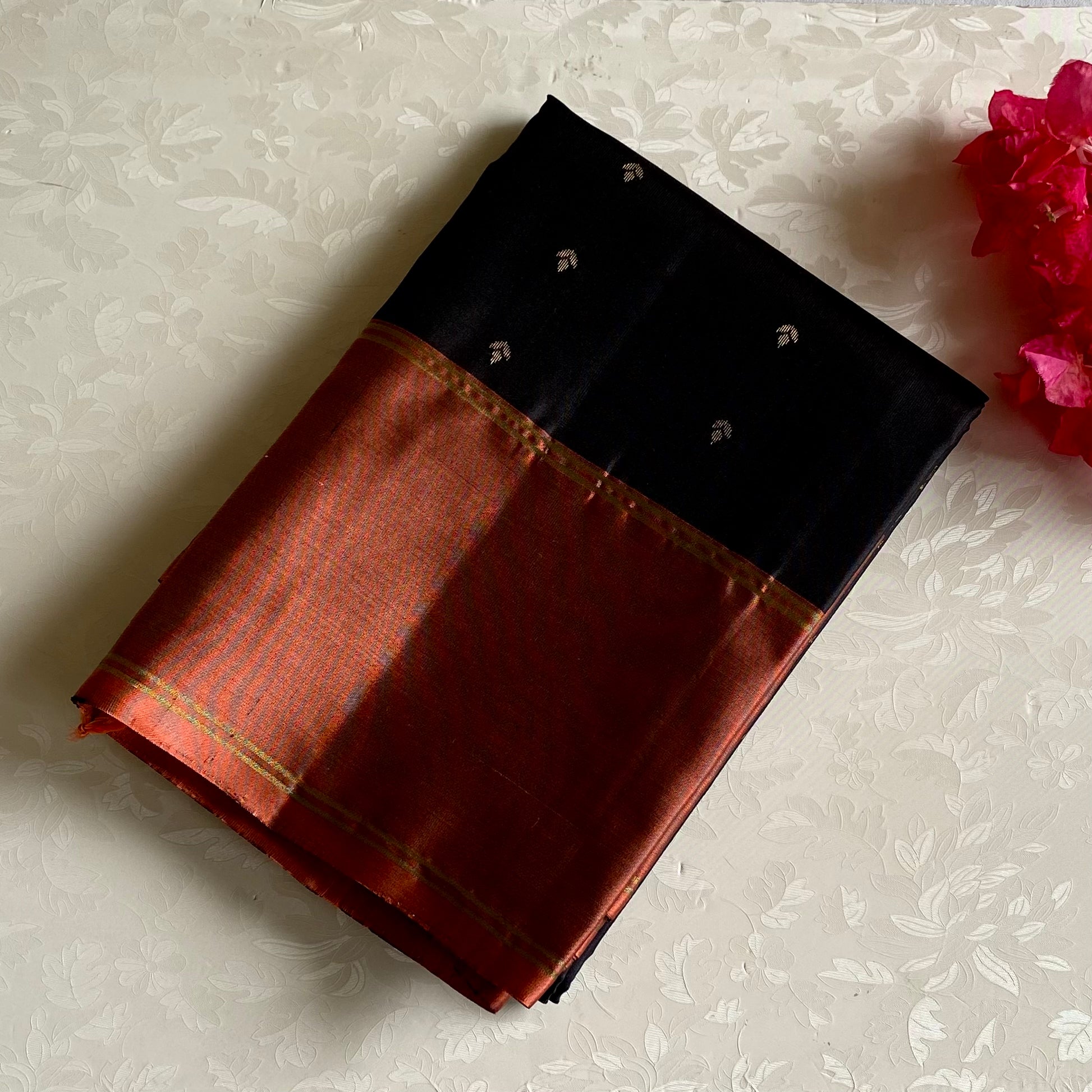 Burnt Orange Designer Pure Silk Saree With Black Pallu