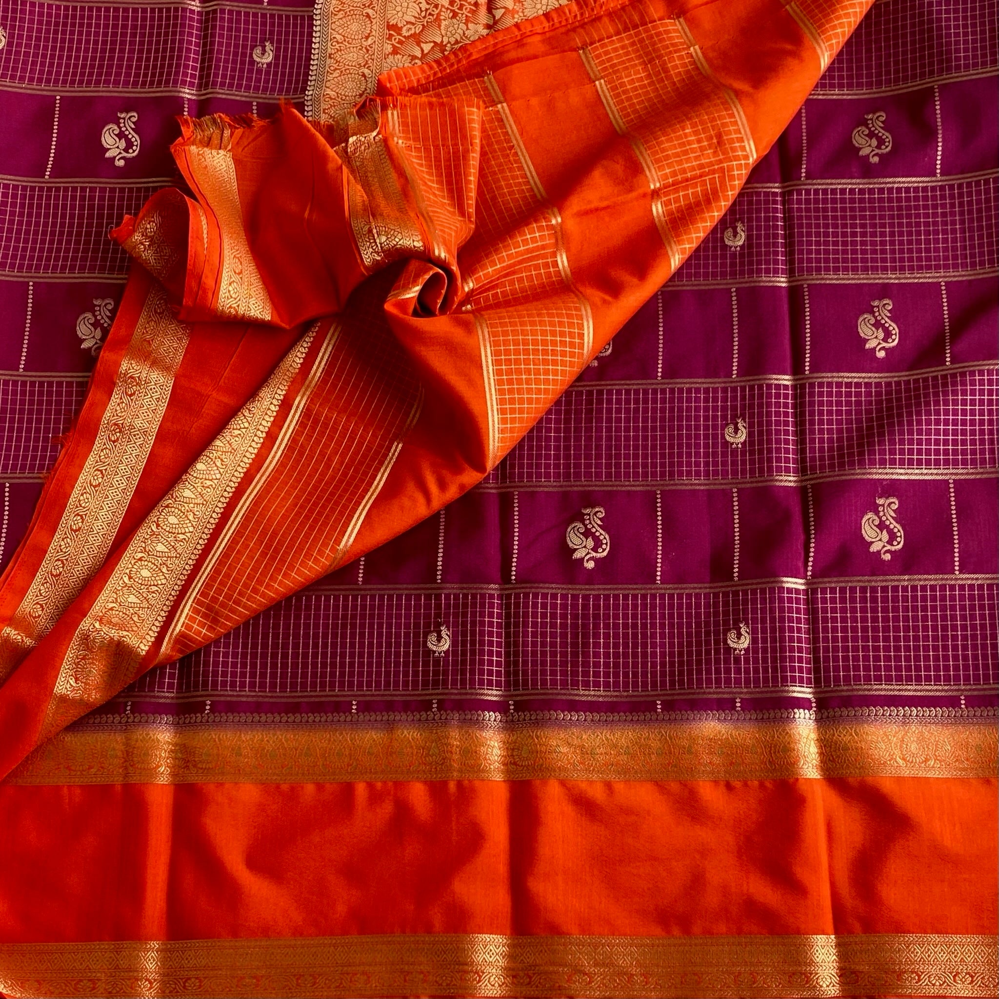 Vibrant Wine Soft Crepe Checkered Silk With Rust Orange Contrast