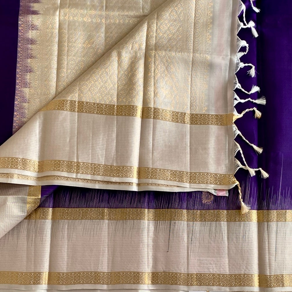 Ivory Designer Pure Silk Saree With Royal Purple Pallu