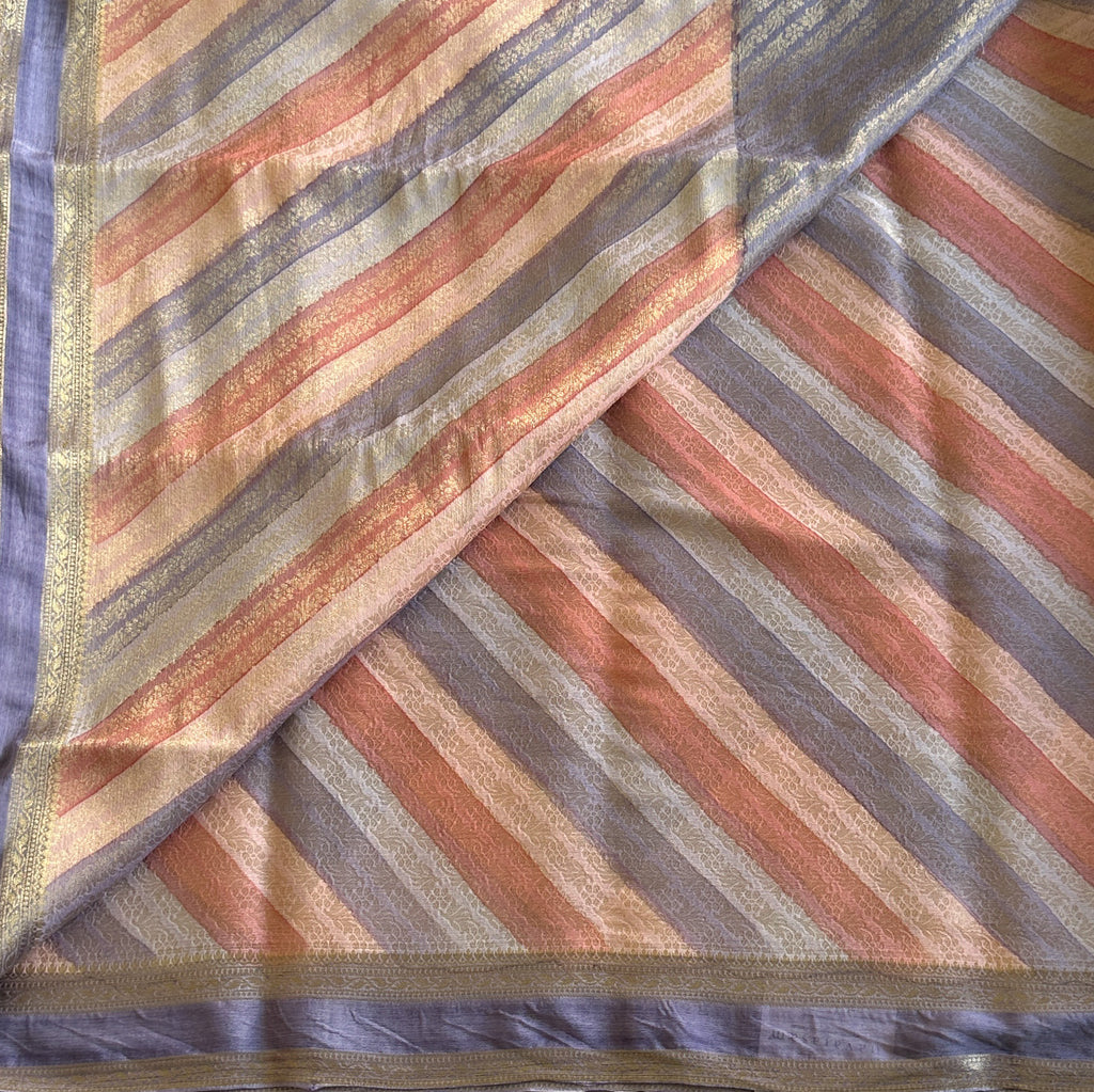 Elegant Coral Peach Lavender Striped Saree With Gold Zari Panel