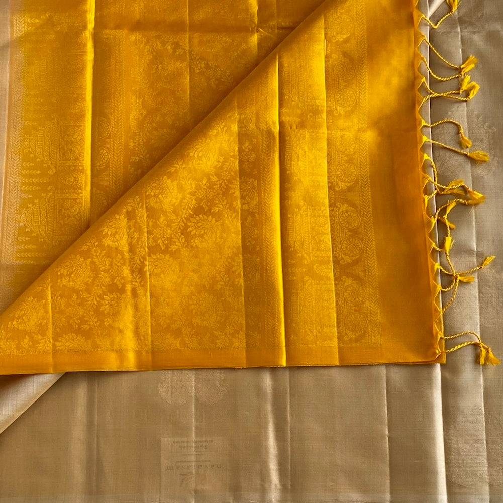 Champagne Beige Designer Pure Silk  With Mustard Yellow Pallu