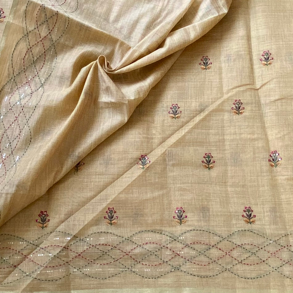 Mustard Yellow Linen Buti Saree With Embroidered Lattice Pallu Tassels
