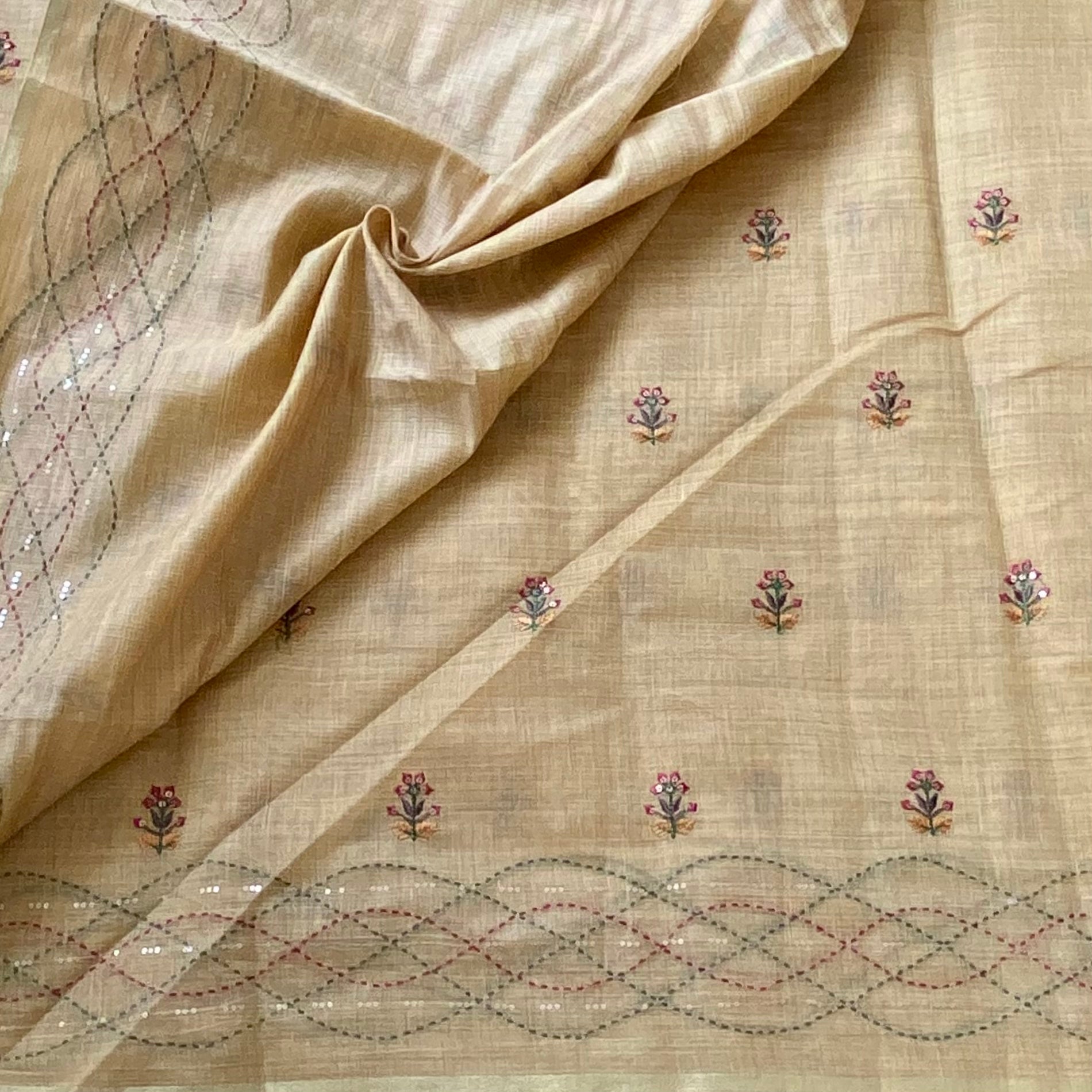 Mustard Yellow Linen Buti Saree With Embroidered Lattice Pallu Tassels