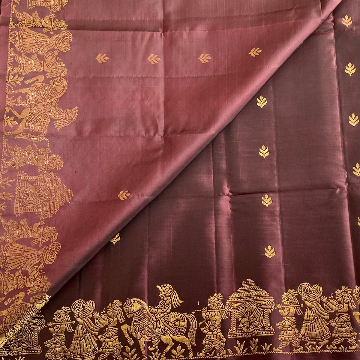 Deep Brown Burgundy Designer Pure Silk Saree With Antique Gold Zari