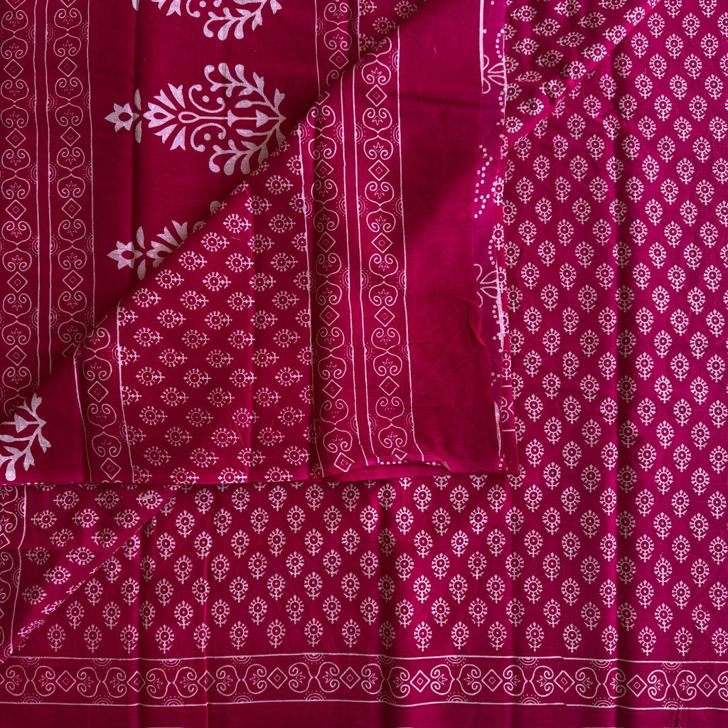 Fuchsia White Block Print Saree Lightweight Traditional Casual Wear