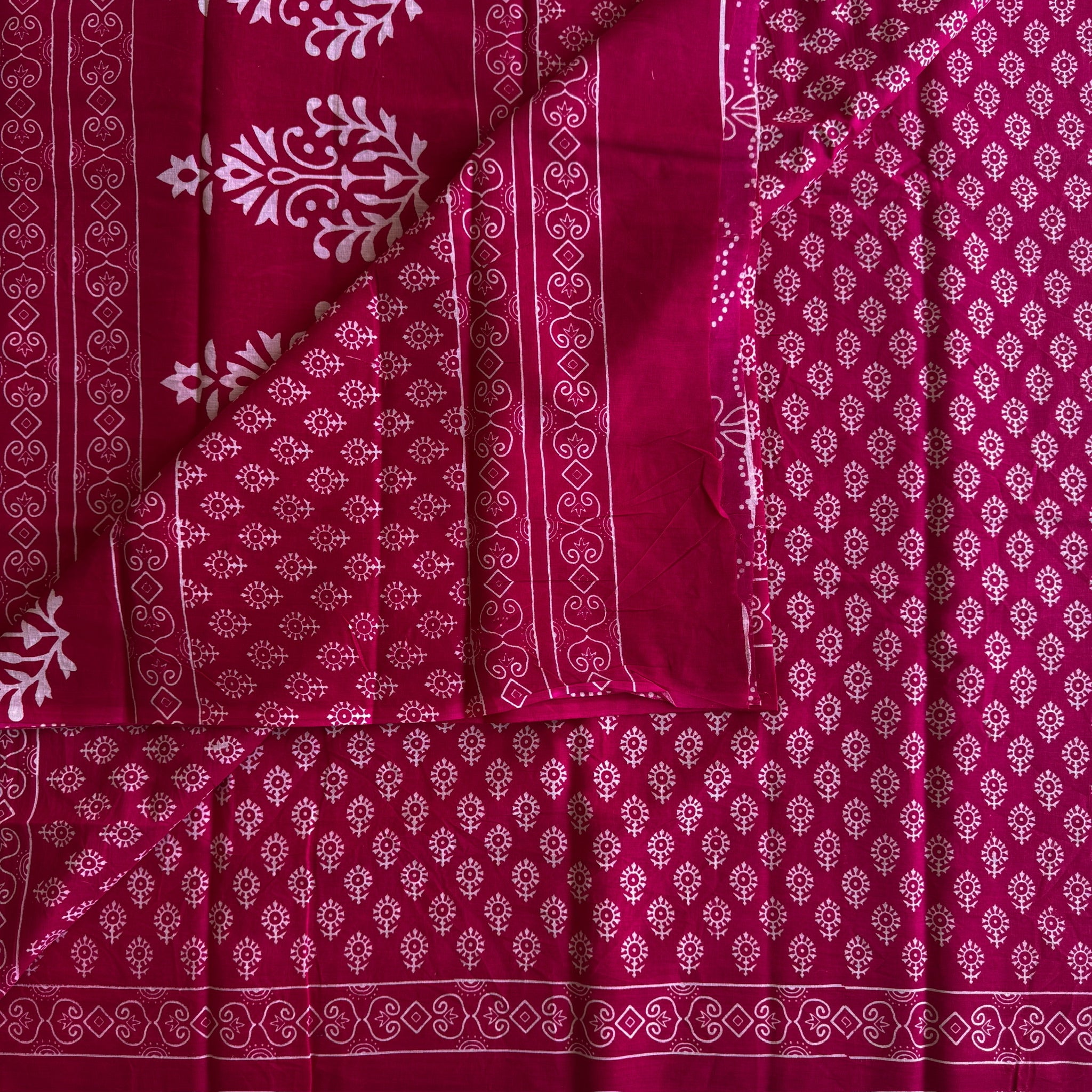 Fuchsia White Block Print Saree Lightweight Traditional Casual Wear