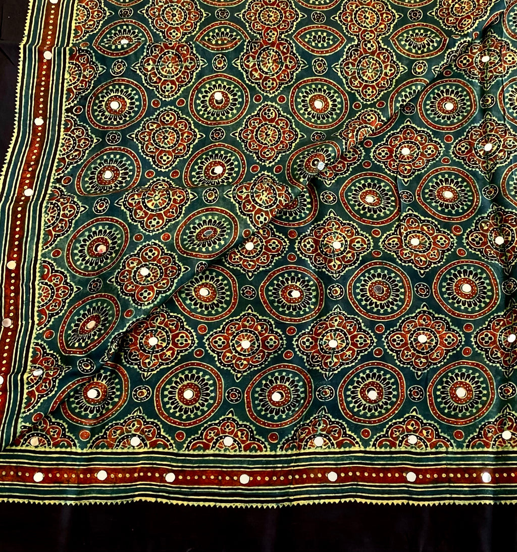 Teal Green Ajrakh Handblock Printed Mirror work Saree With Rust Red Border