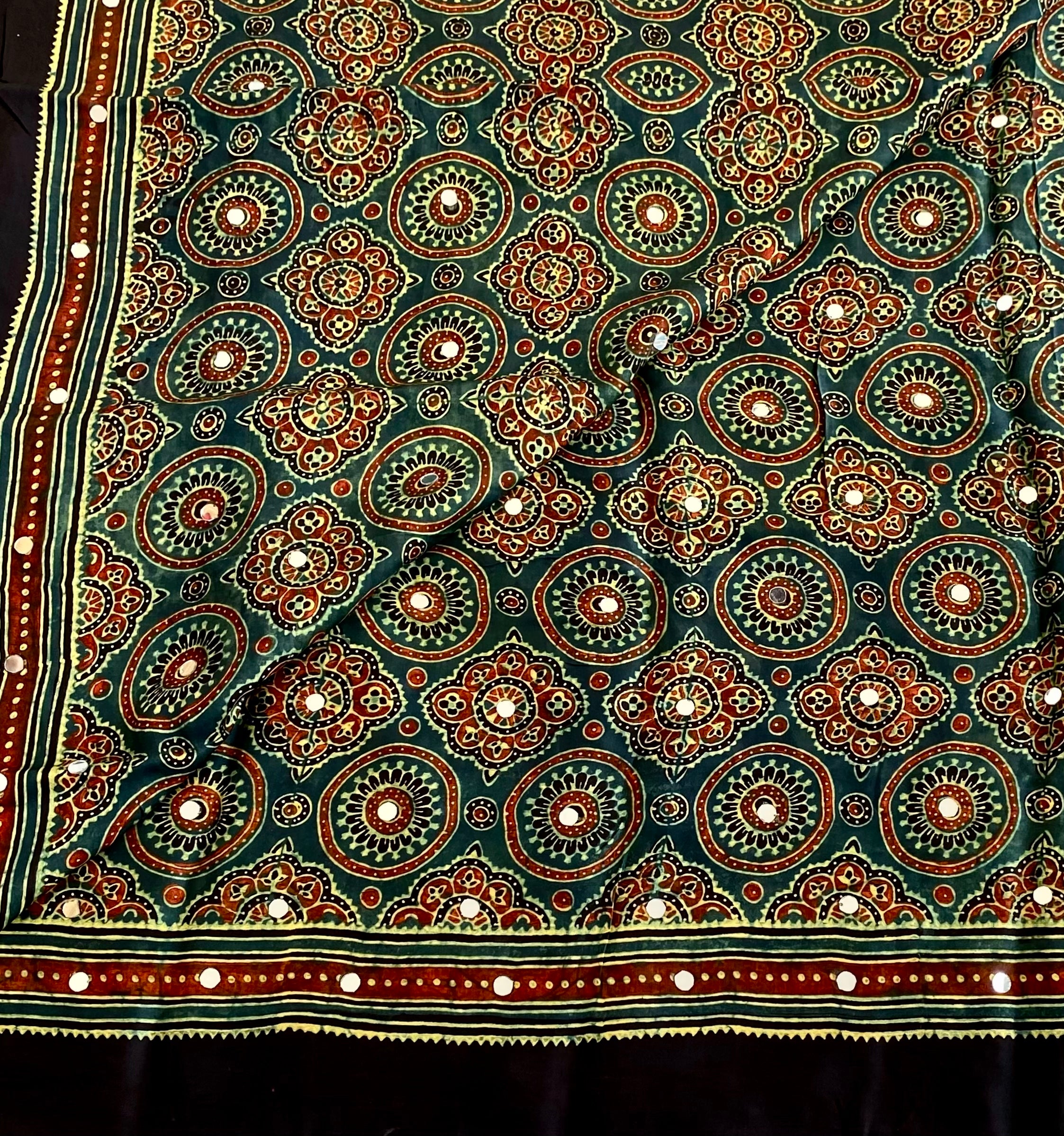 Teal Green Ajrakh Handblock Printed Mirror work Saree With Rust Red Border