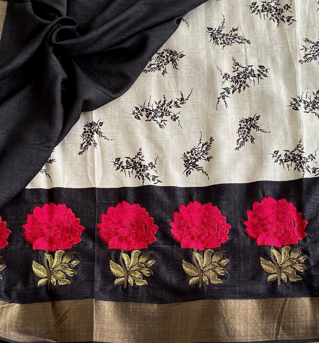 Ivory Soft Tussar Silk Saree With Jet Black Pallu And Floral Embroidery