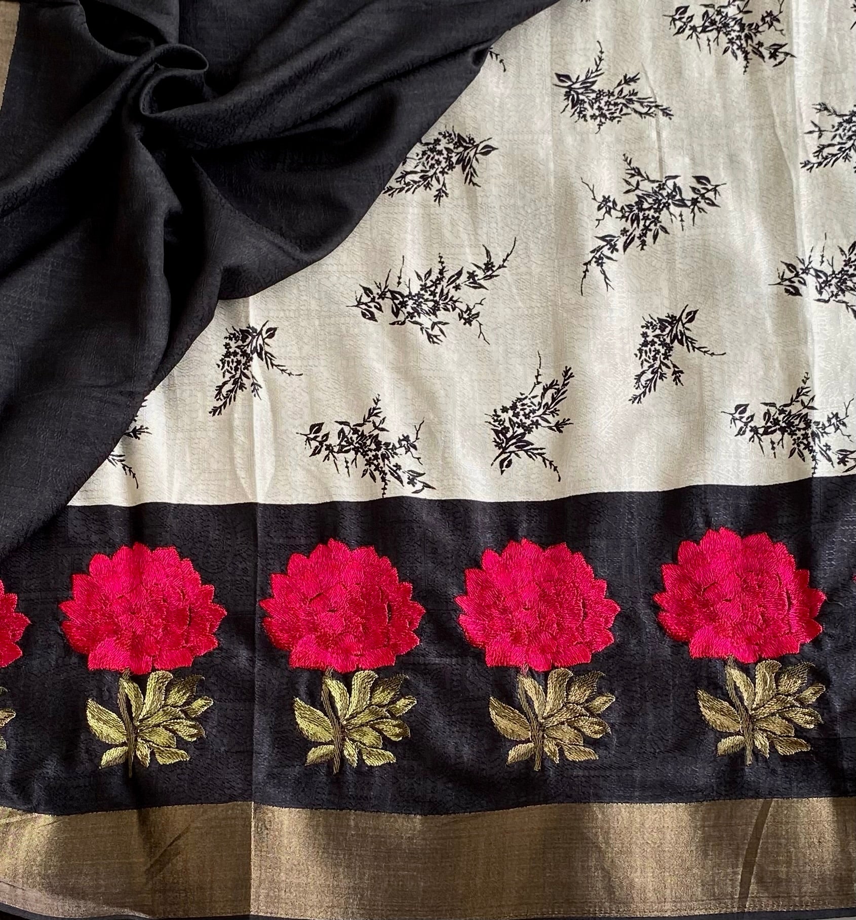 Ivory Soft Tussar Silk Saree With Jet Black Pallu And Floral Embroidery