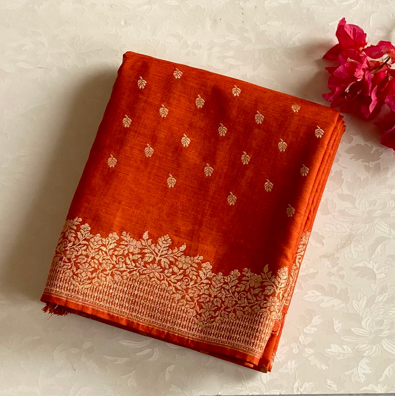 Burnt Orange designer soft tussar with antique gold zari weave