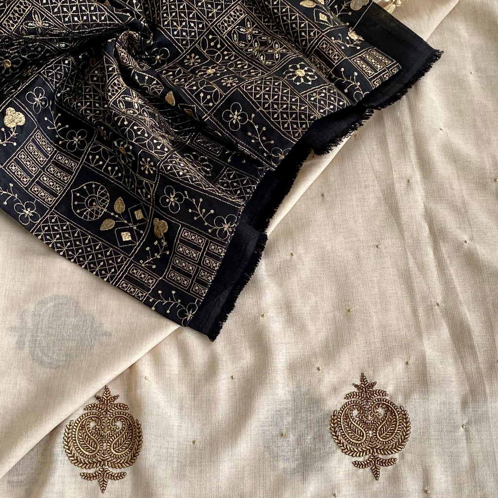 Beige Paisley Embroidered Silk Saree with Macrame Tassels Gold Buti