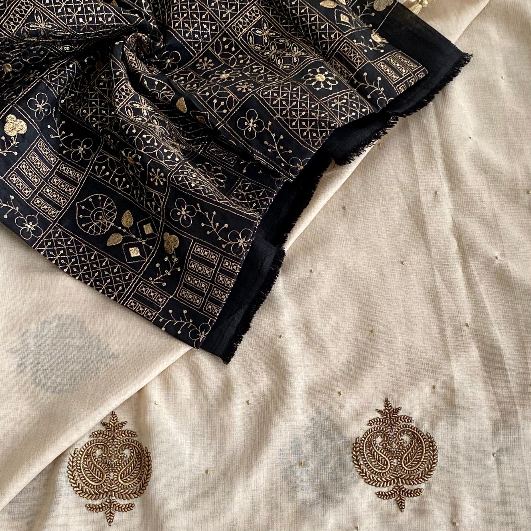 Beige Paisley Embroidered Silk Saree with Macrame Tassels Gold Buti