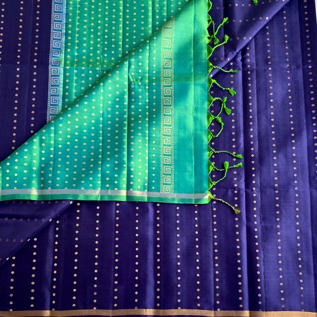 Midnight Blue Designer Pure Silk Saree With Turquoise Green Pallu