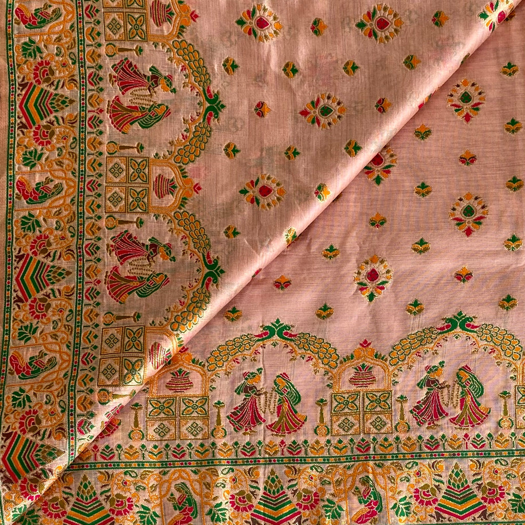 Blush Pink Soft Tussar Silk Saree With Emerald Green Accents