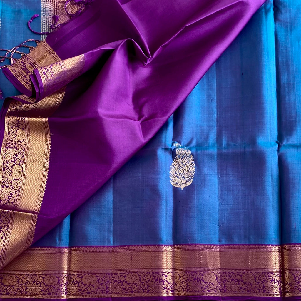 Festive Dual Shaded Blue Designer Pure Silk Saree With Royal Purple Pallu
