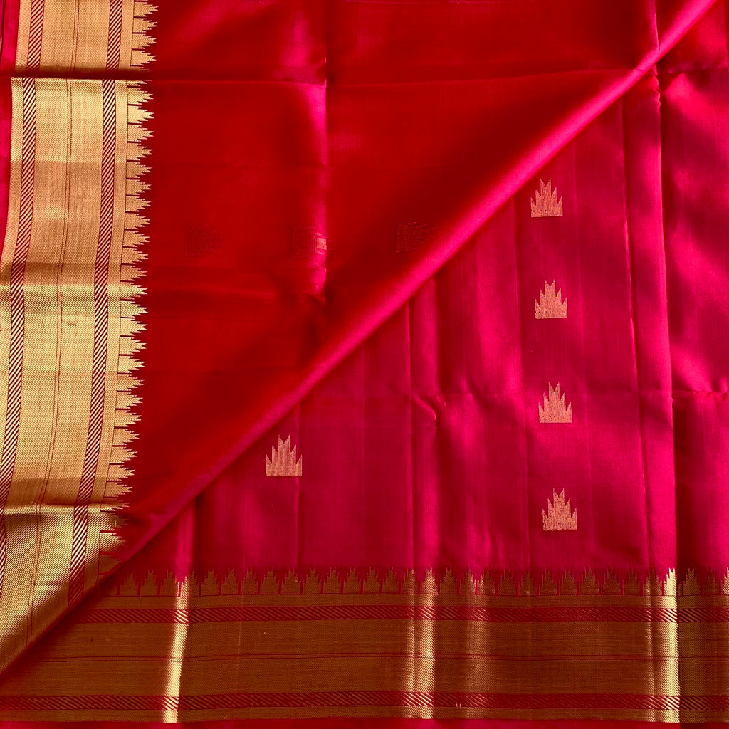 Rani Pink Designer Pure Silk Saree Antique Gold Border Buti Grid