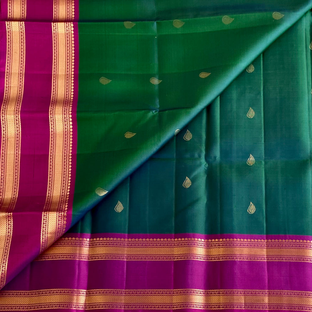 Dual Peacock Bluish Green Designer Pure Silk With Dreamy Magenta Pallu