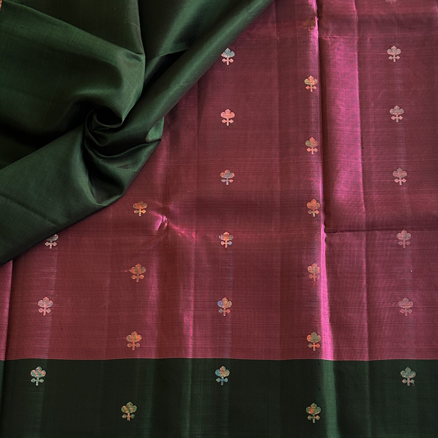 Magenta Silk Saree Forest Green Pallu Gold Brocade Banarasi Style
