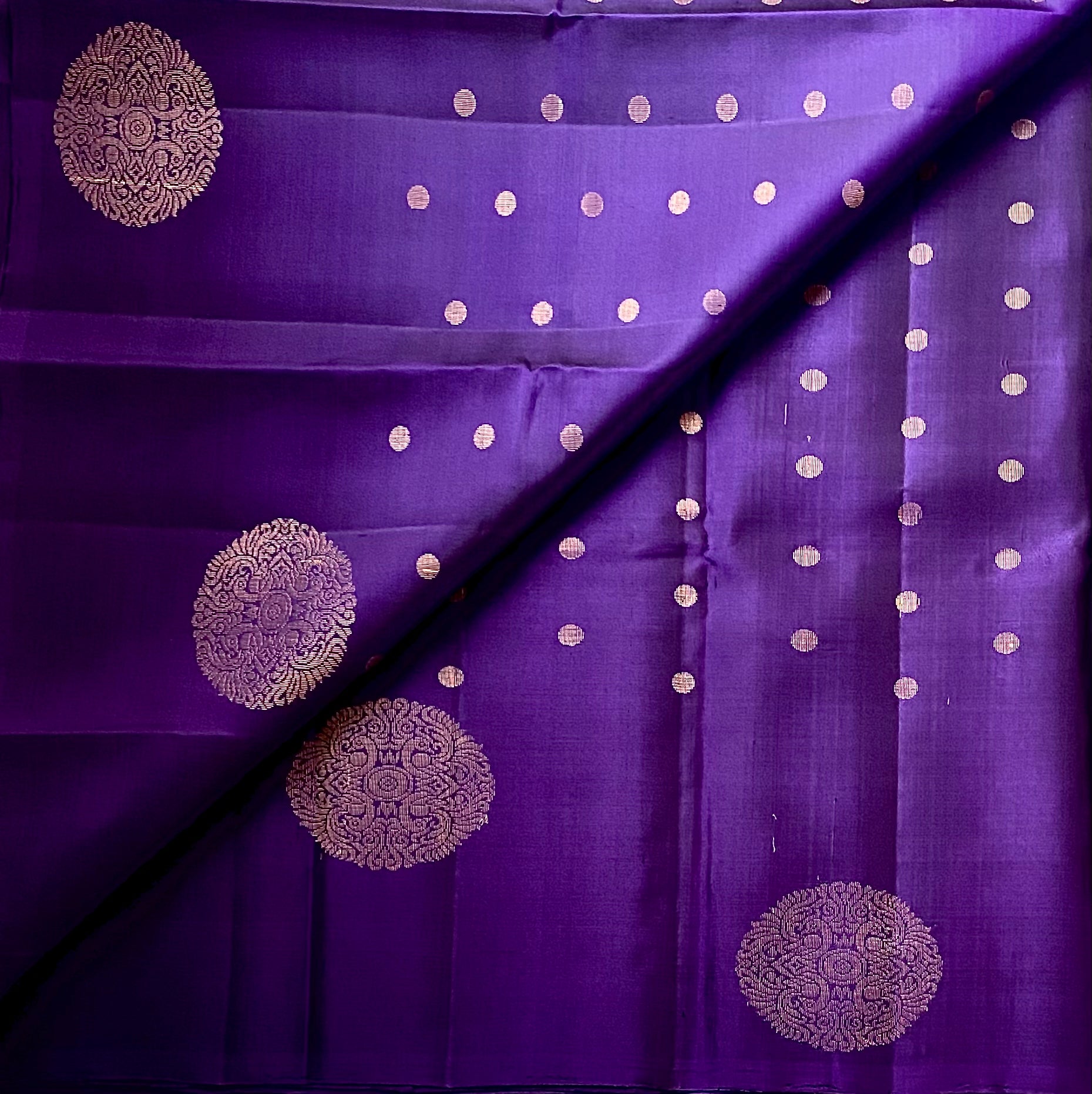 Deep Violet Silk Saree with Antique Gold Brocade and Diamond Pallu