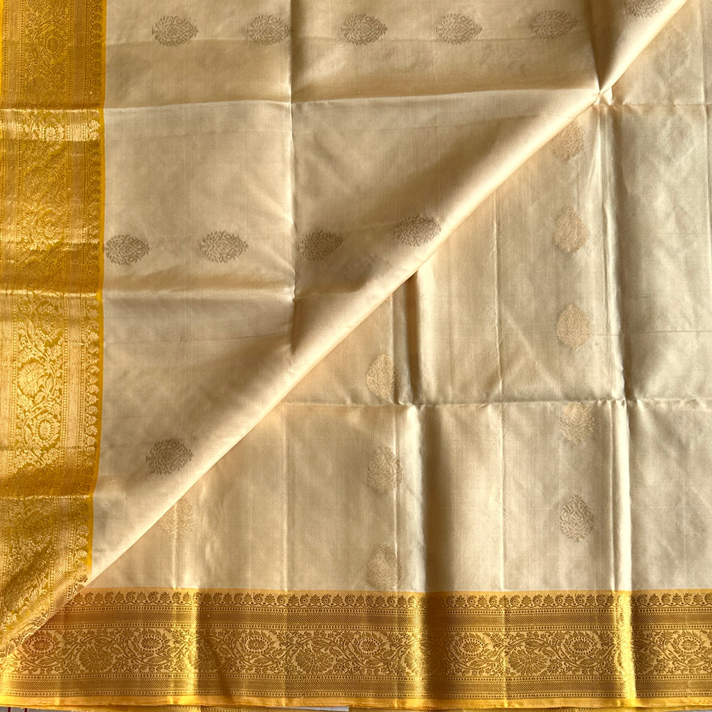 Ivory Marigold Silk Saree Gold Zari Floral Woven Border Traditional