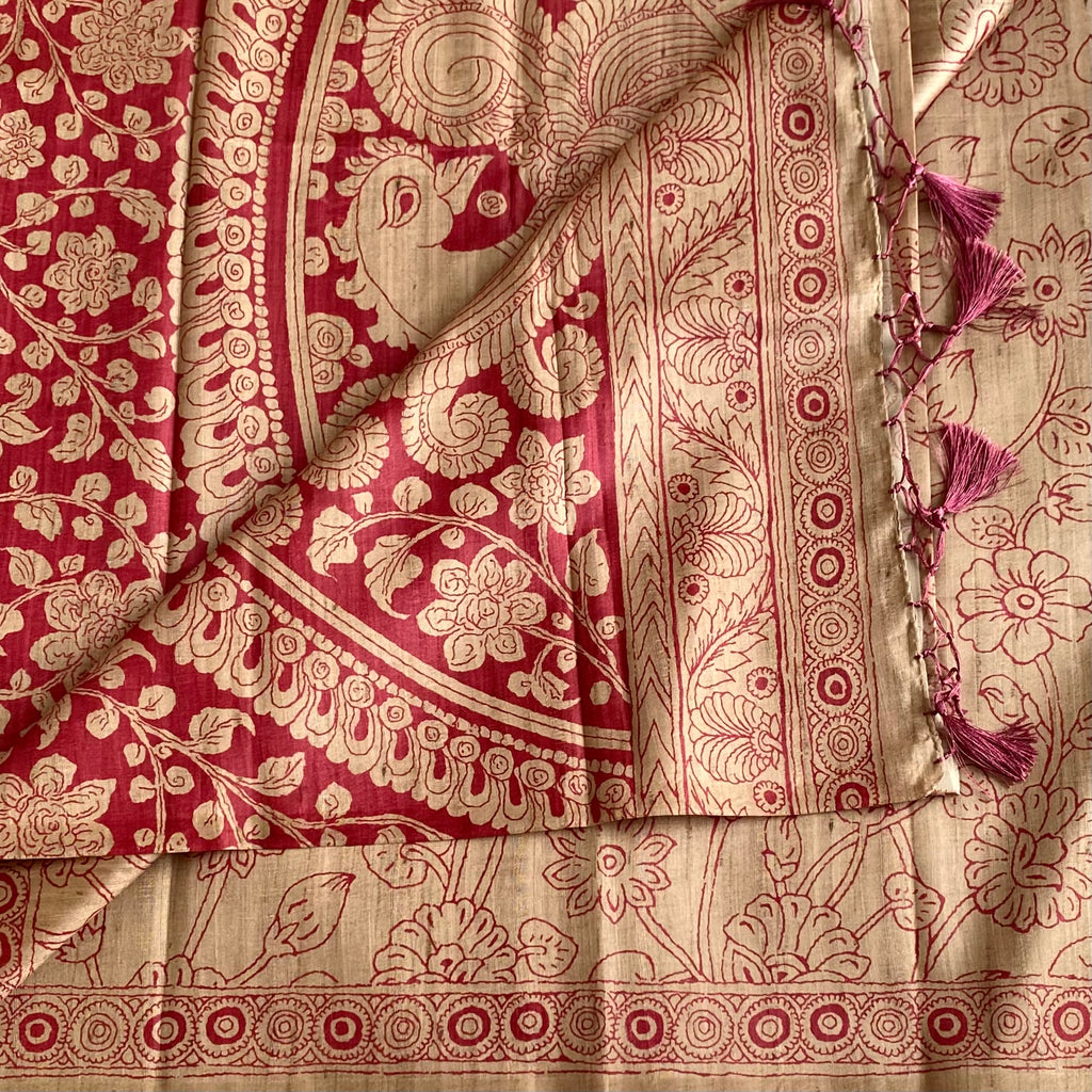 Tan Beige Soft Tussar Silk Saree With Deep Maroon Pallu