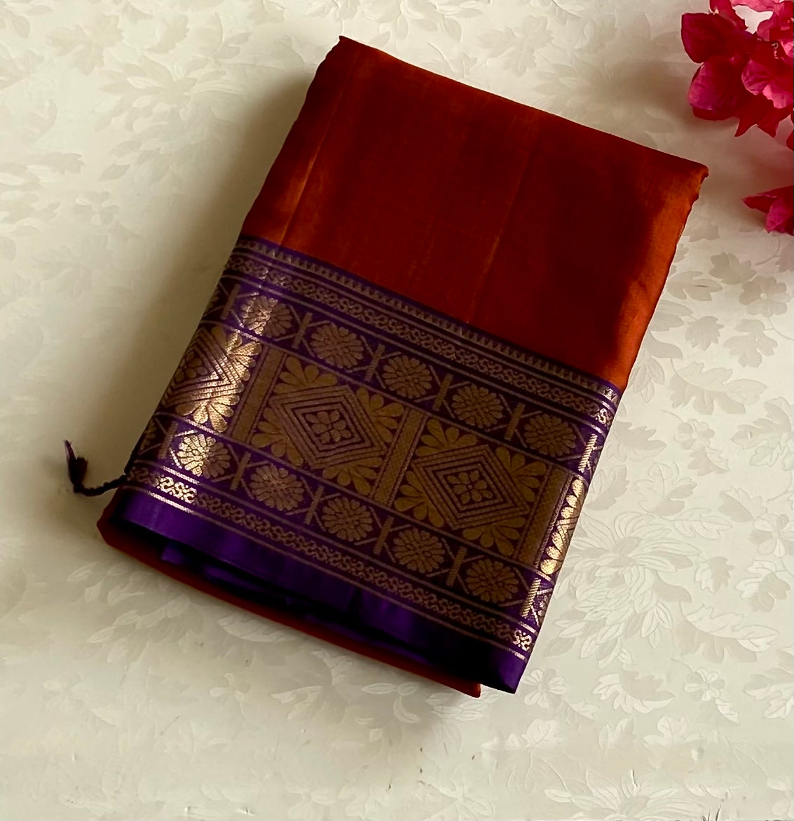 Rust Orange Silk Saree Purple Zari Pallu Woven Border