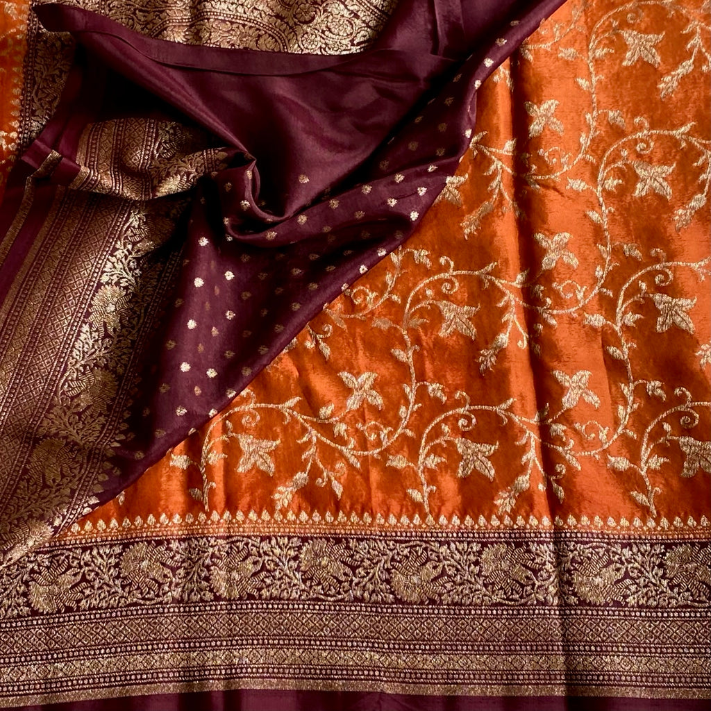Rustic Jaal Woven Banarasi Crepe Silk With Wine Brown Contrast