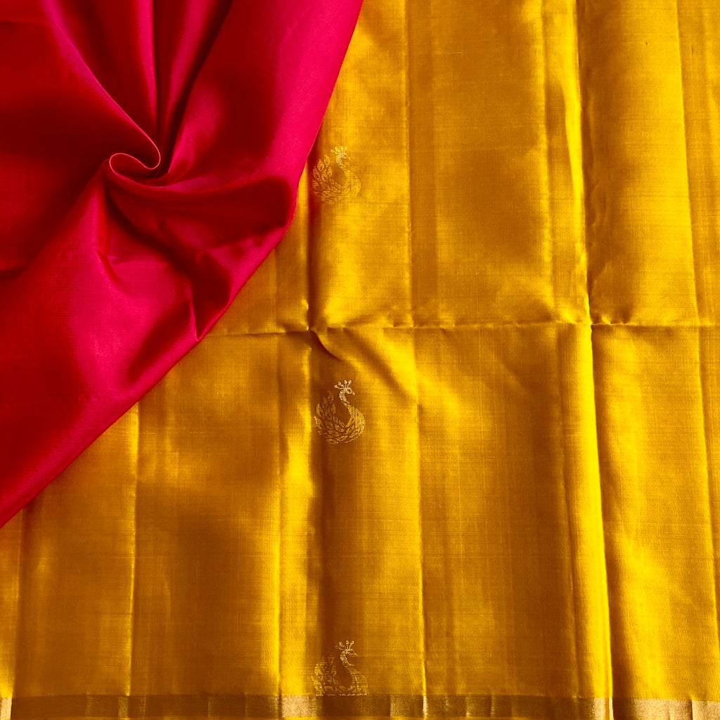 Mustard Yellow Designer Pure Silk Saree With Rani Pink Pallu