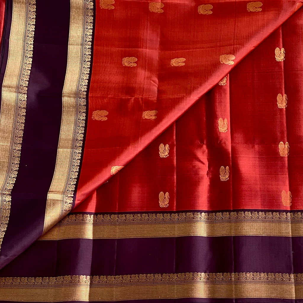Deep Plum Designer Pure Silk Saree With Ruby Red Pallu