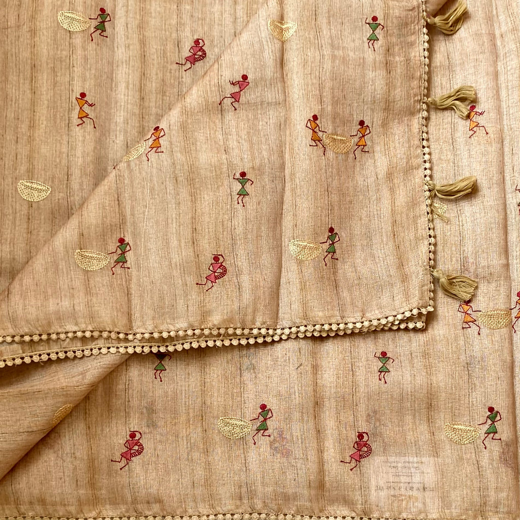 Warm Beige Embroidered Folk Motif Handloom Saree with Tassels