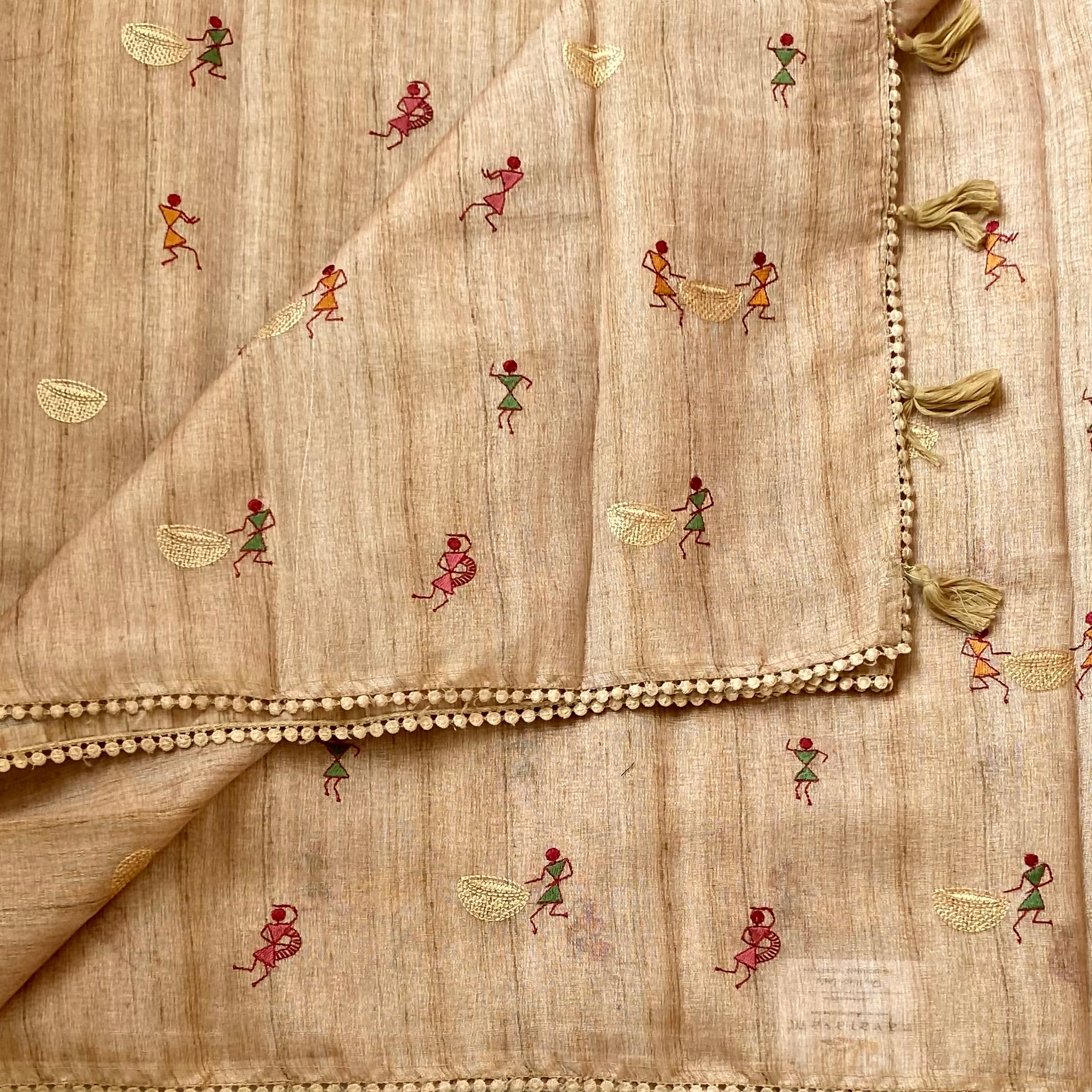 Warm Beige Embroidered Folk Motif Handloom Saree with Tassels