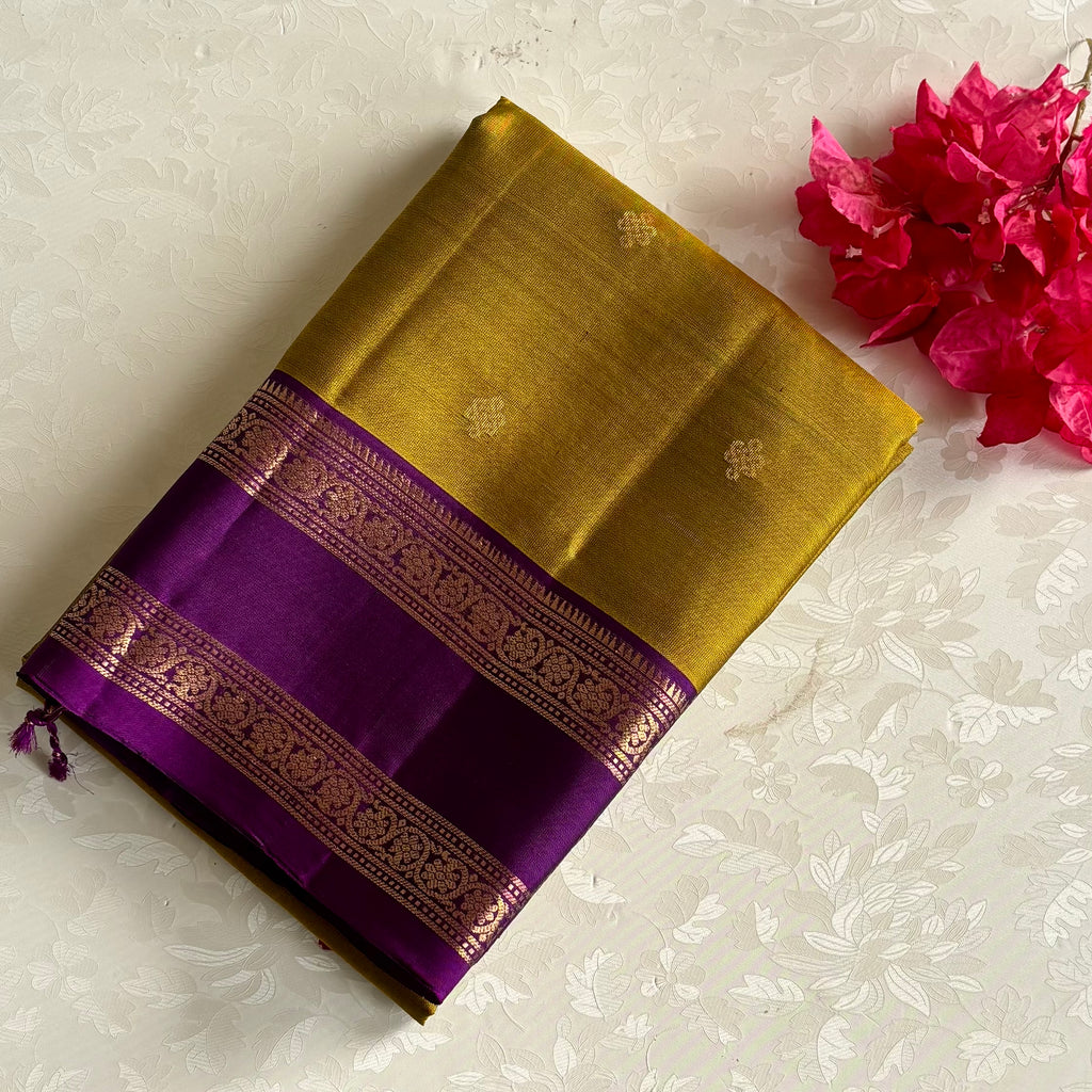 Lime Yellow With Purple And Rich Gold Kanchi Pure Silk Retta Petta Borders