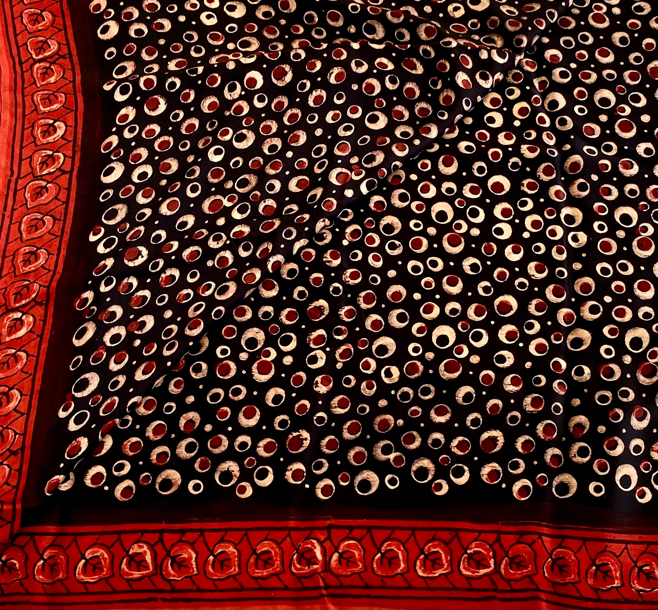 Rust Red And Jet Black Ajrakh Handblock Printed Silk With Gold Zari Pallu