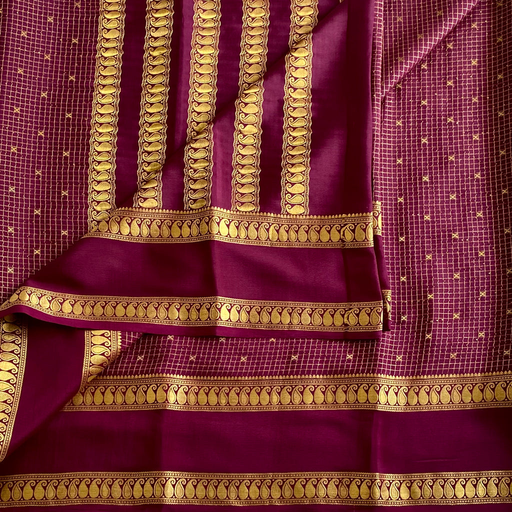 Wine Maroon Mysore Crepe Silk Saree With Antique Gold Motifs