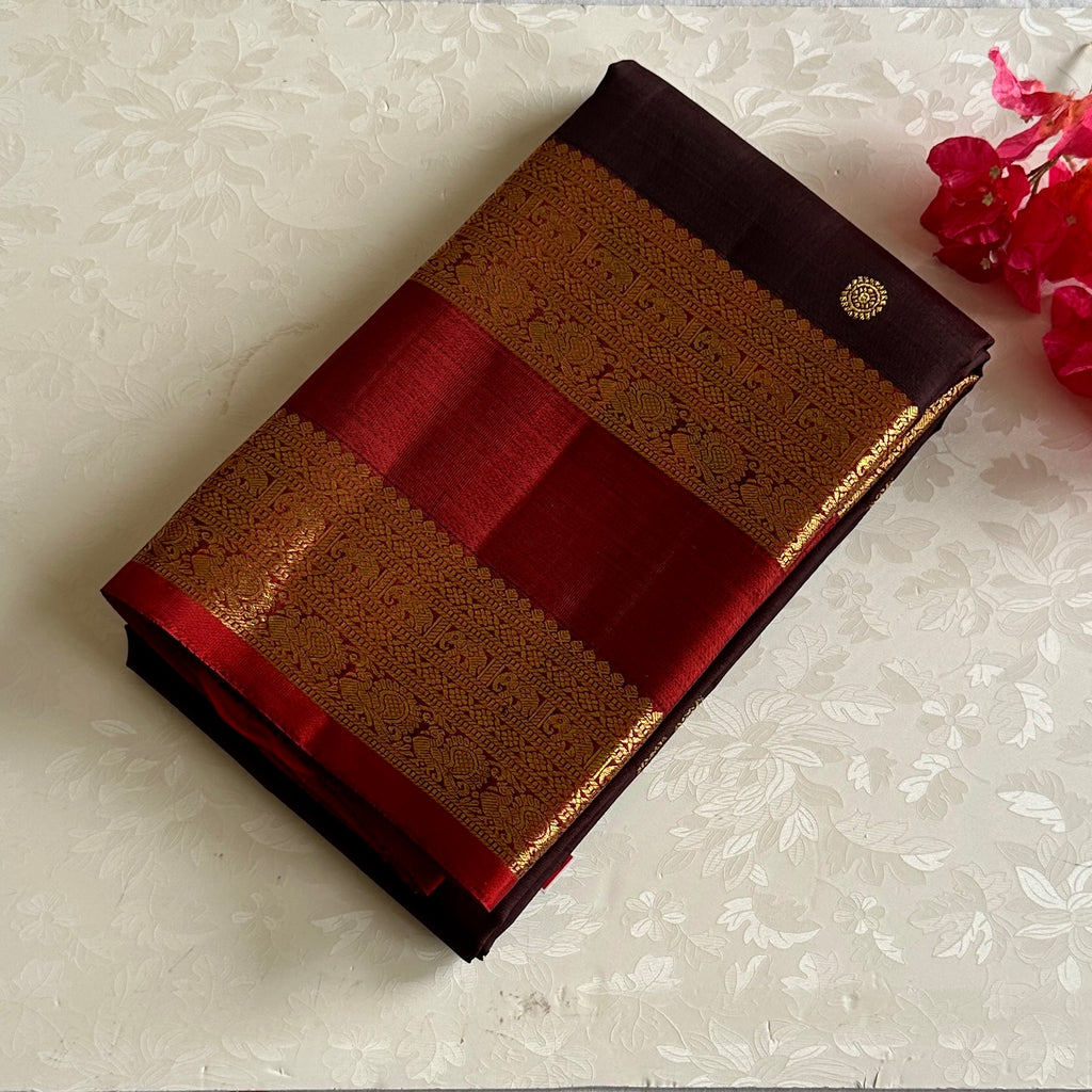Deep Wine Coffee Kanjeevaram Pure Zari Silk With Deep Maroon Pallu