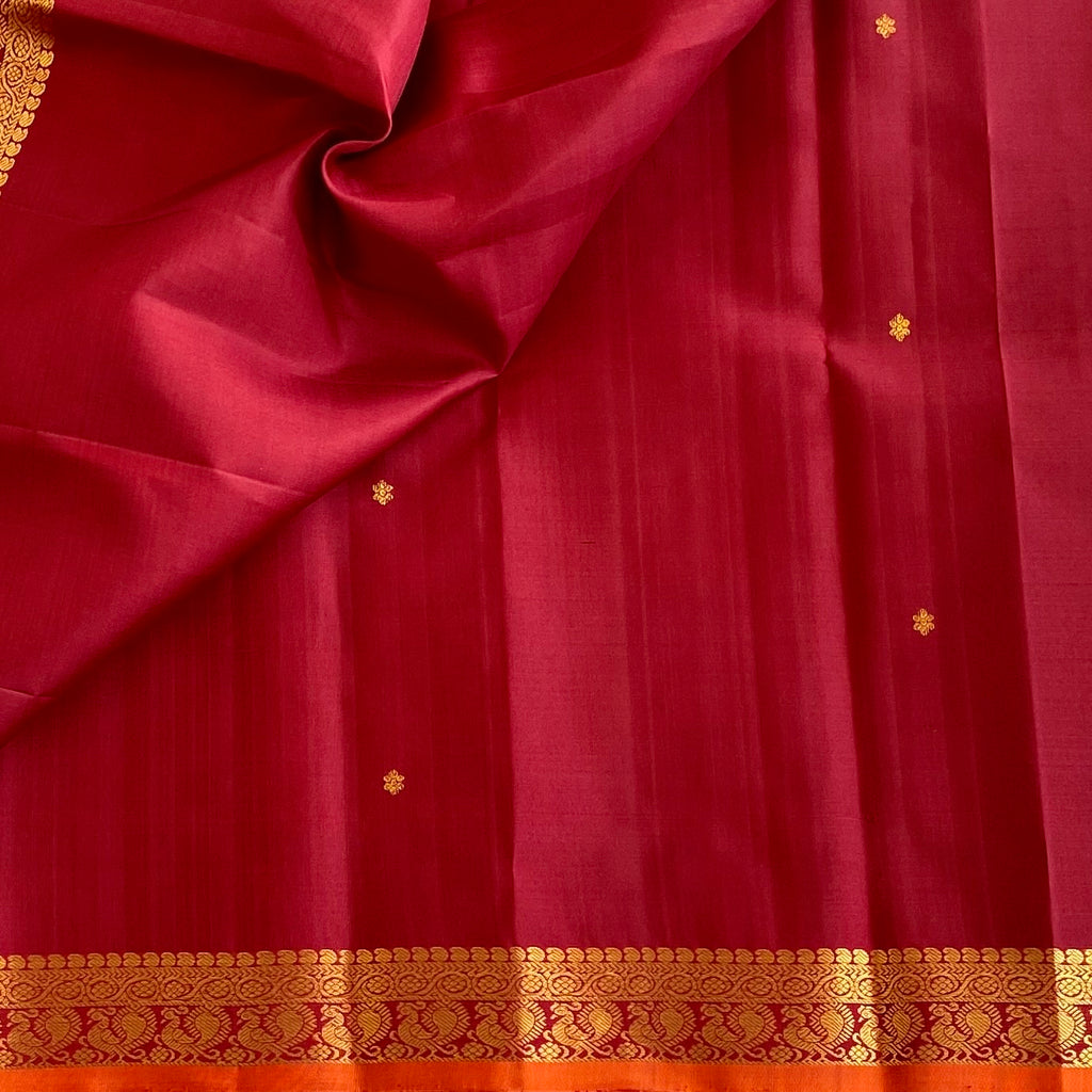 Deep Maroon Red Kanjeevaram Pure Zari Silk Saree With Antique Gold Zari