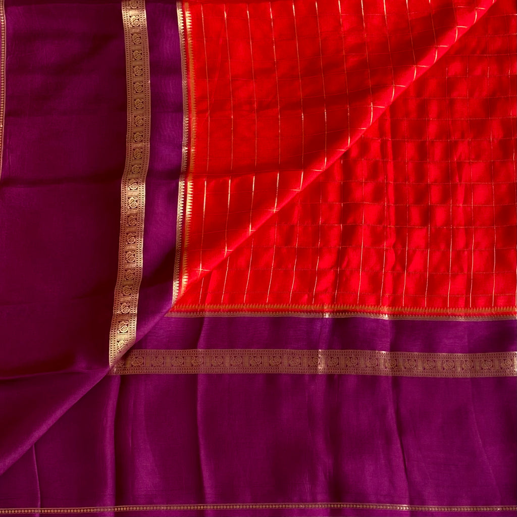 Scarlet Red Soft Crepe Silk Saree With Royal Purple Pallu