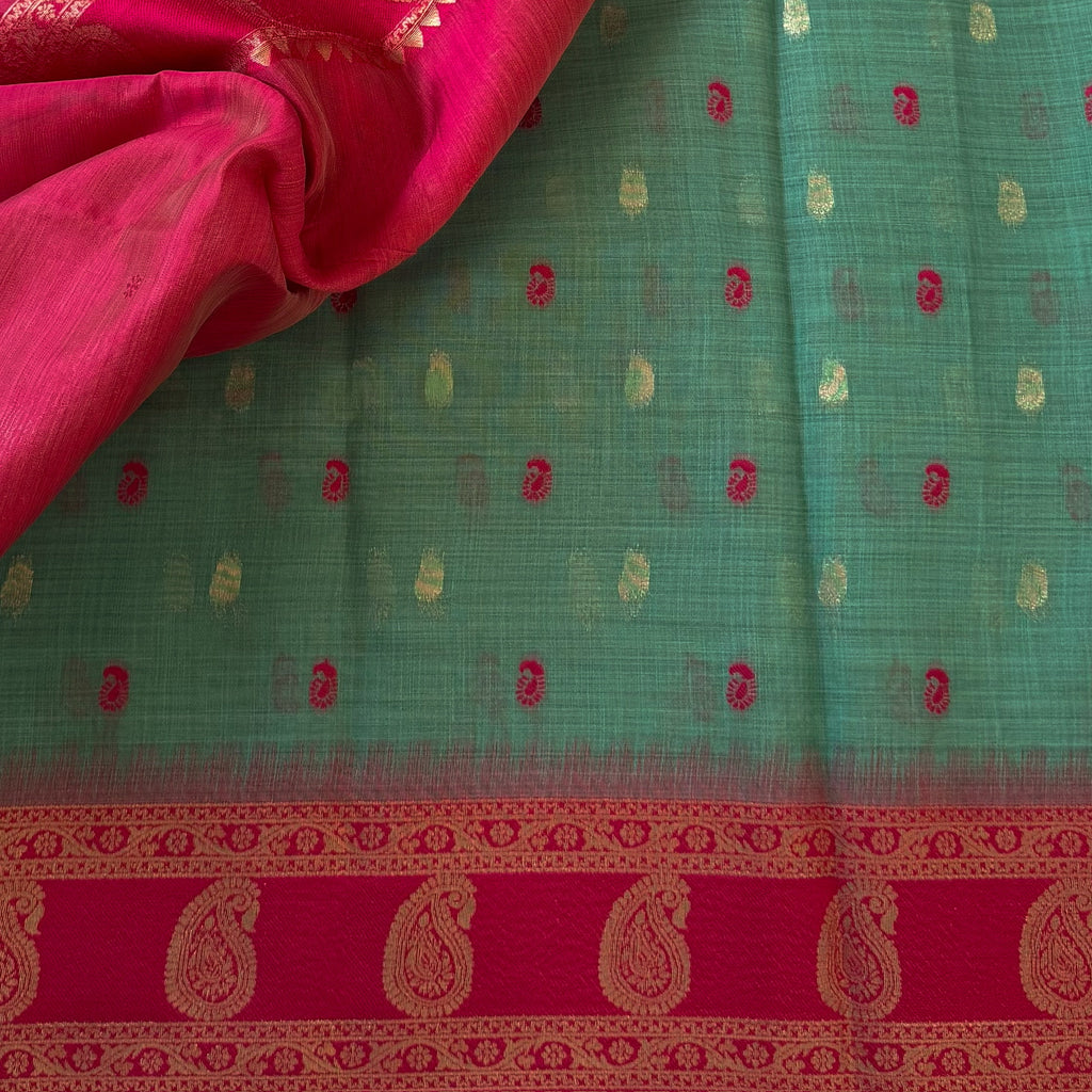 Magenta Sea Green Zari Paisley Silk Saree With Tassel Border