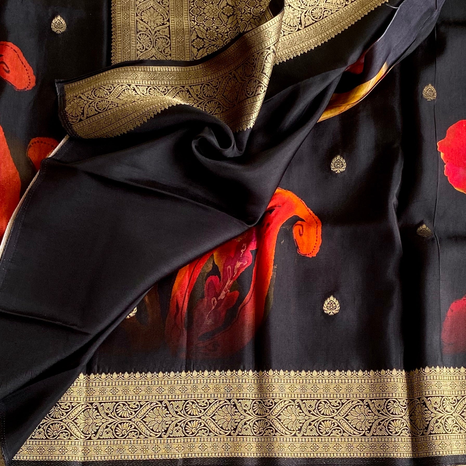 Jet Black Jute Tussar Silk With Antique Zari Pallu Burnt Orange Floral Brocade