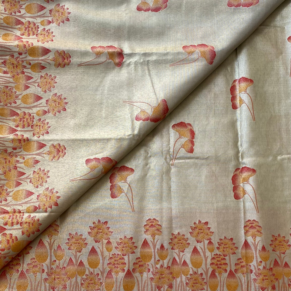 Pale Gold Banarasi Brocade Saree with Dusty Rose Floral Border