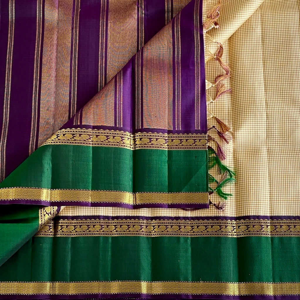 Beige Micro Checkered Kanjeevaram Pure Zari Silk Brinjal Purple With Emerald Borders