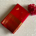 Rich Crimson Red Designer Pure Silk Saree With Antique Gold Border