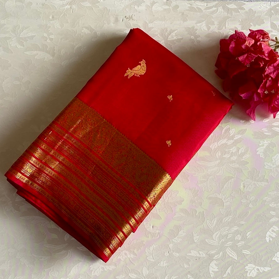 Rich Crimson Red Designer Pure Silk Saree With Antique Gold Border