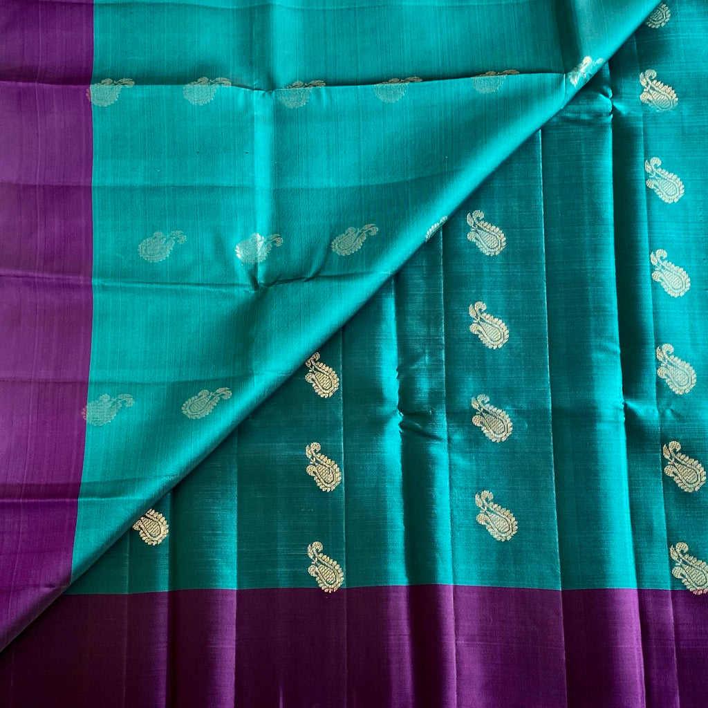 Teal Green Designer Pure Silk Saree With Royal Purple Pallu