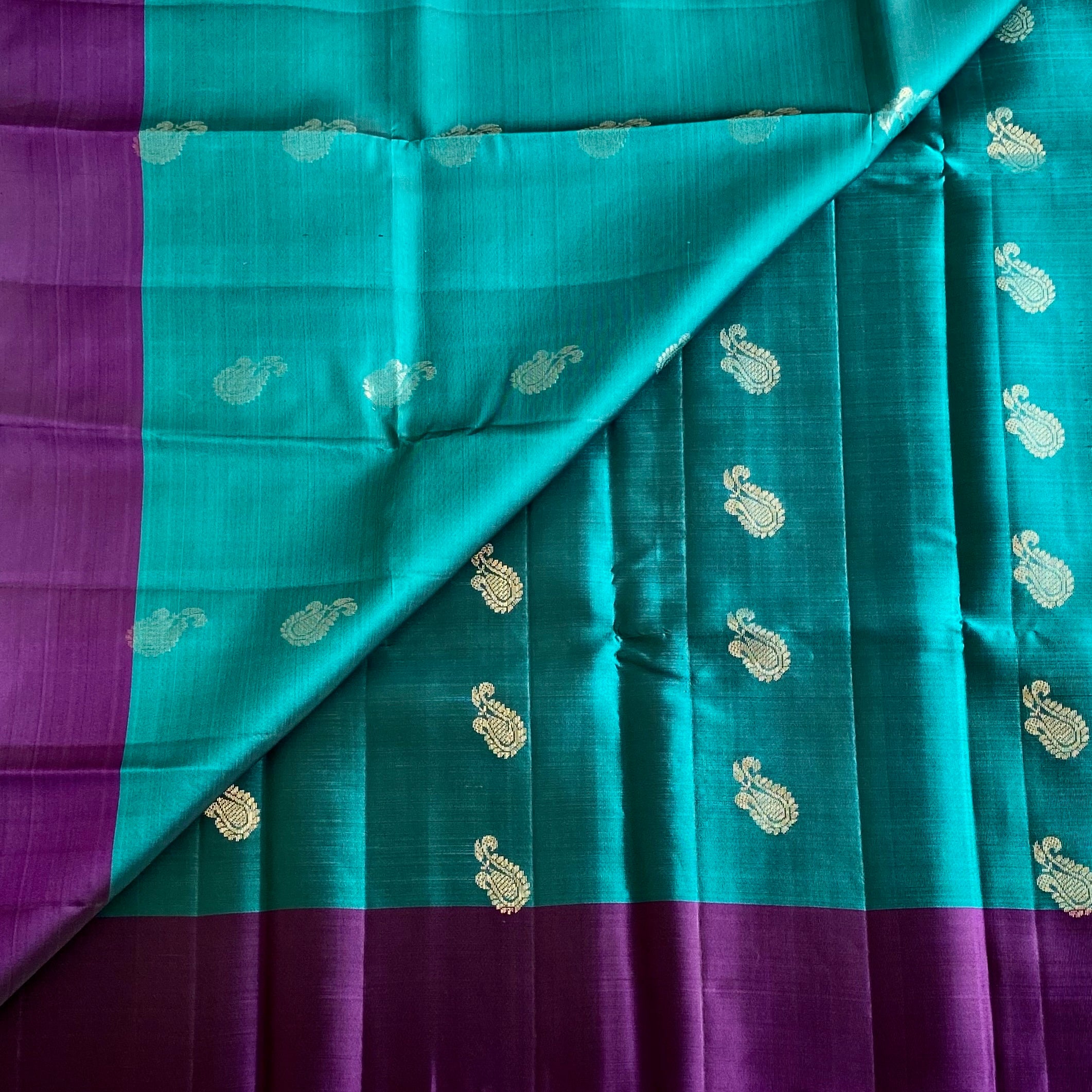 Teal Green Designer Pure Silk Saree With Royal Purple Pallu