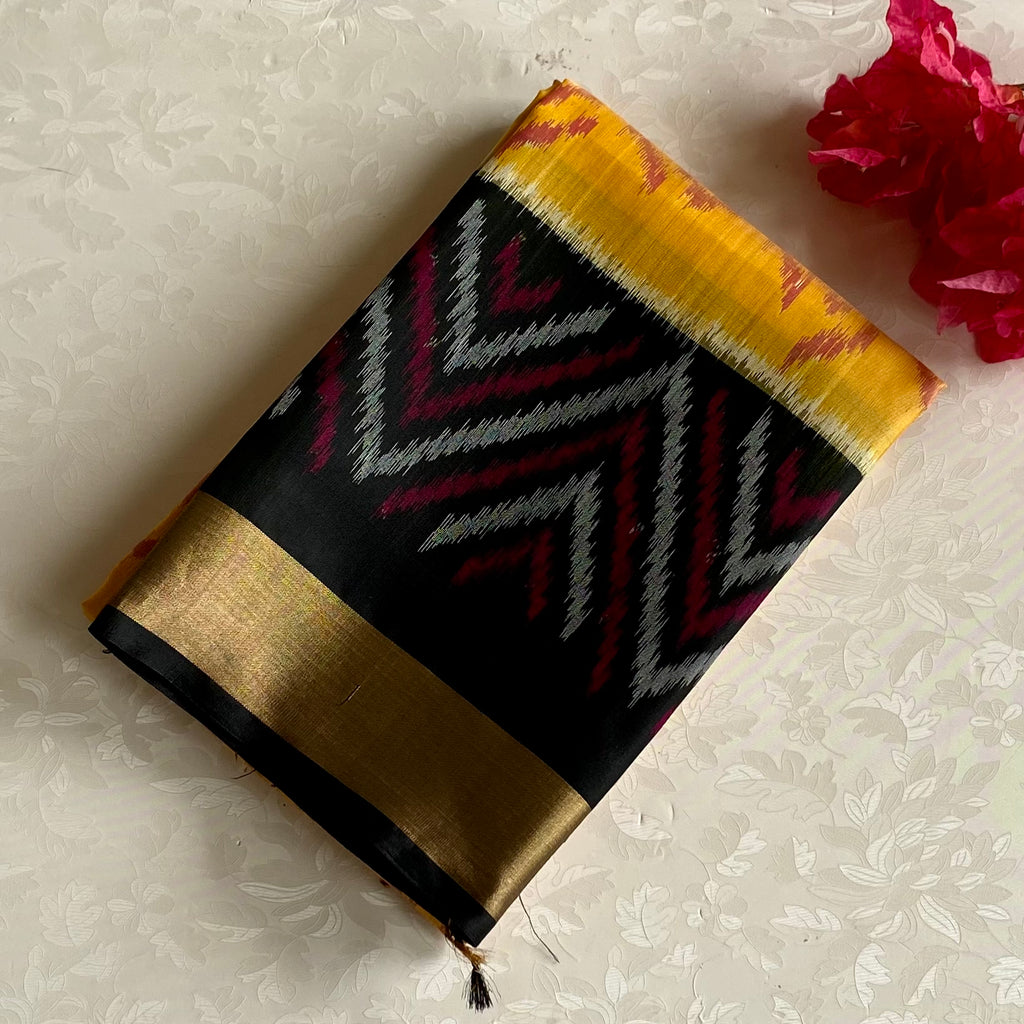 Dreamy Sunflower Yellow Designer Pure Ikkat Silk With Jet Black