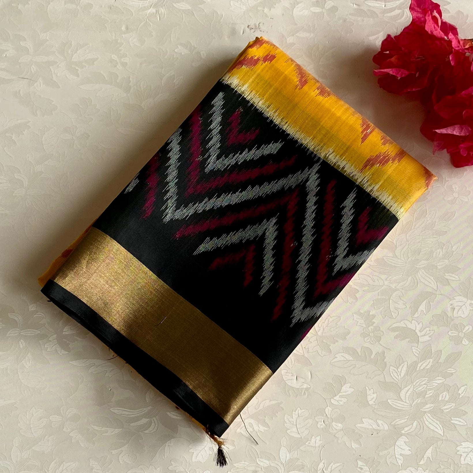 Dreamy Sunflower Yellow Designer Pure Ikkat Silk With Jet Black